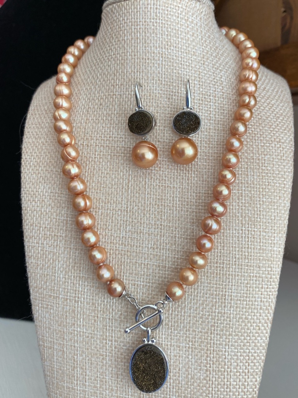 Sterling Silver Peach Freshwater Pearl Necklace w/ Druzy Pendant! Earrings